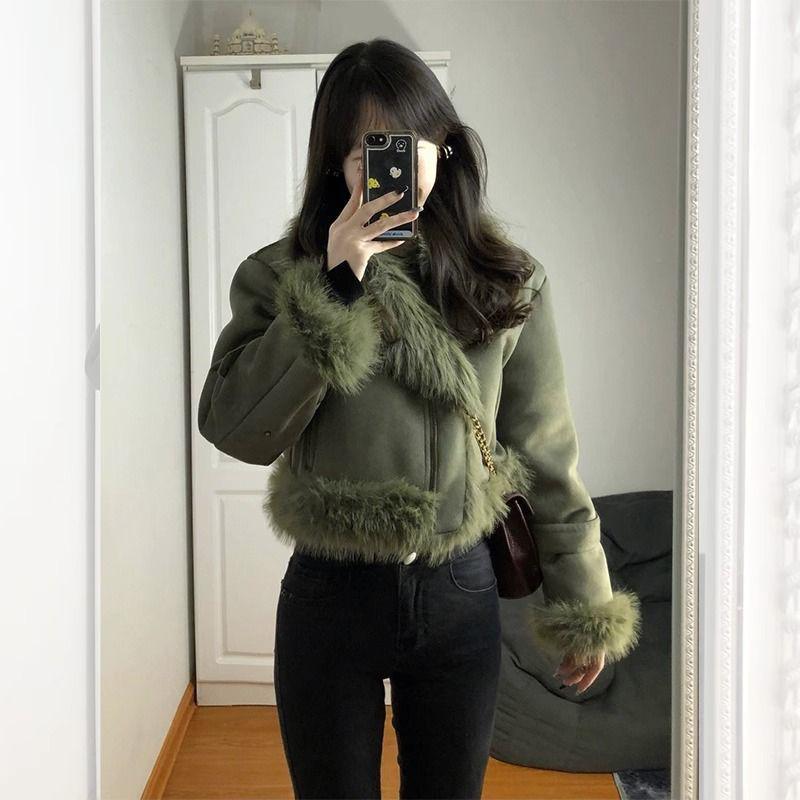 Women's Early Spring 2025 Imitation Fox Fur Petite Motorcycle Jacket