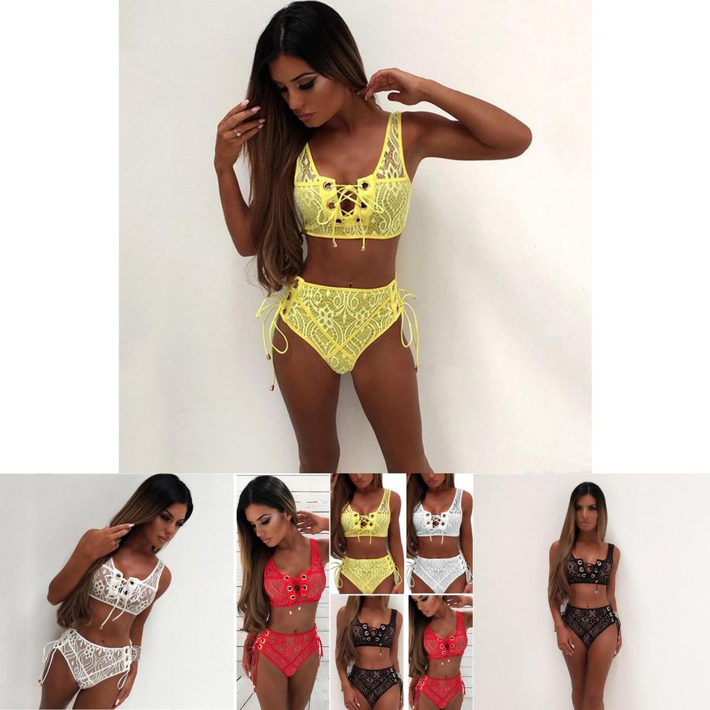 Elegancki Koronkowy Kostium Kąpielowy z Wycięciami i Wysokim Stanem Zestaw Bikini na Sznurki Dla Kobiet