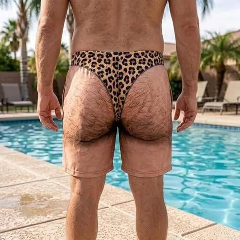 Novelty Men 3D Printed Swim Shorts Fake Hairy Leg Leopard Pattern Drawstring Quick Dry Beach Boardshort Summer Holiday Swimwear