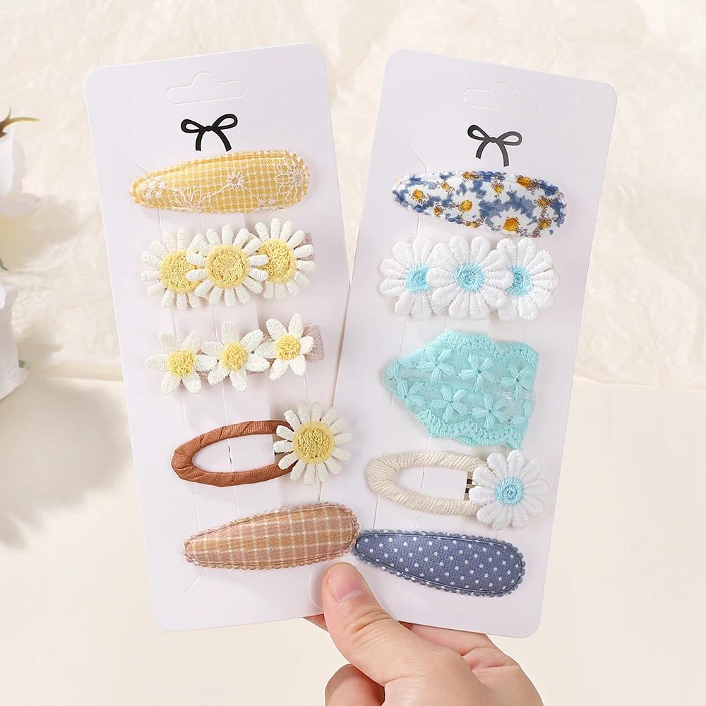 RAINBOW BOWS 5Pcs/Set Girls Boutique Headwear Hair Clip Embroidered Printing Barrette Fresh Daisy Hairpin Kids Hair Accessories