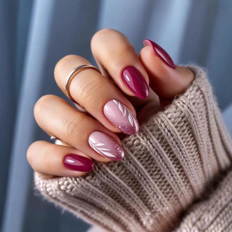 Rose Red Gradient Feather Nail Tips with Glitter Leaf Pattern – European & American Style Hot-Selling Wearable Nail Art