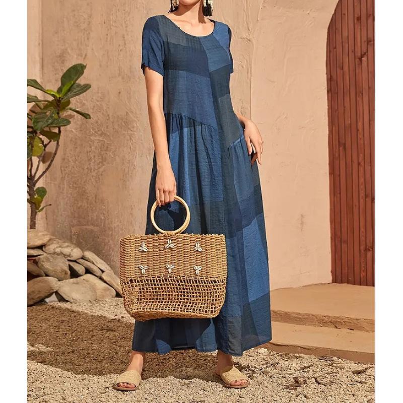 Women's Maxi Dress Summer Short Sleeve Round Neck Patchwork Contrast Loose Hem Pleated A Line Ankle Length Plus Size Dress