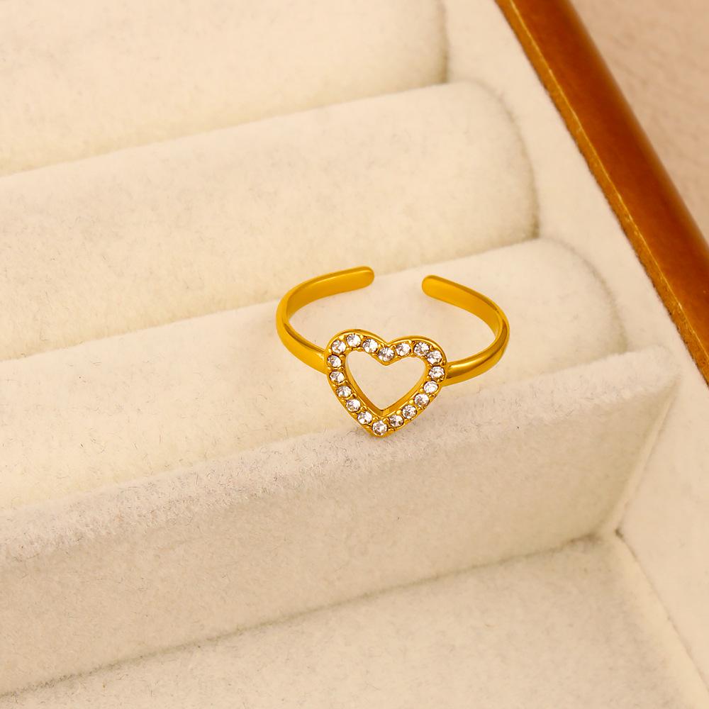 Gold-Plated Stainless Steel Heart Ring with Rhinestones and Zircon - Fashionable, Adjustable, Light Luxury Design