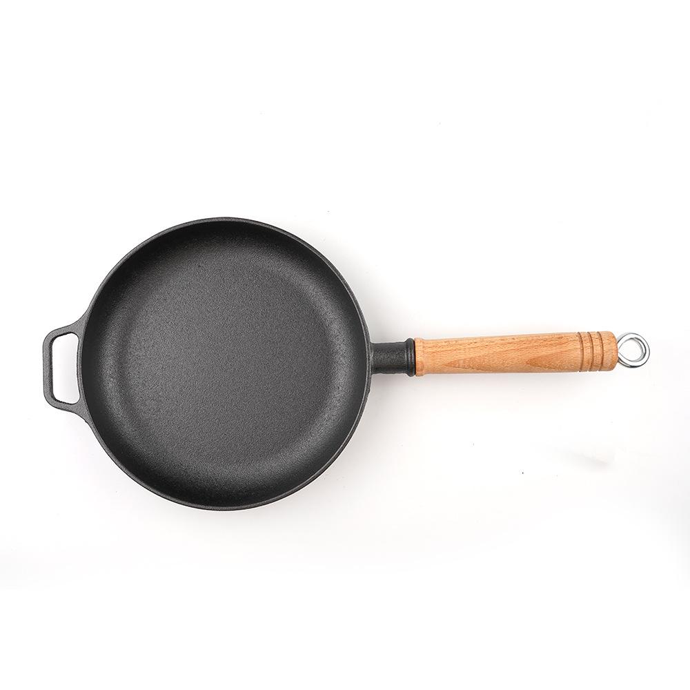 Non-Stick Cast Iron Wok with Wooden Handle - Thick Crepe, Egg, and Meat Frying Pan