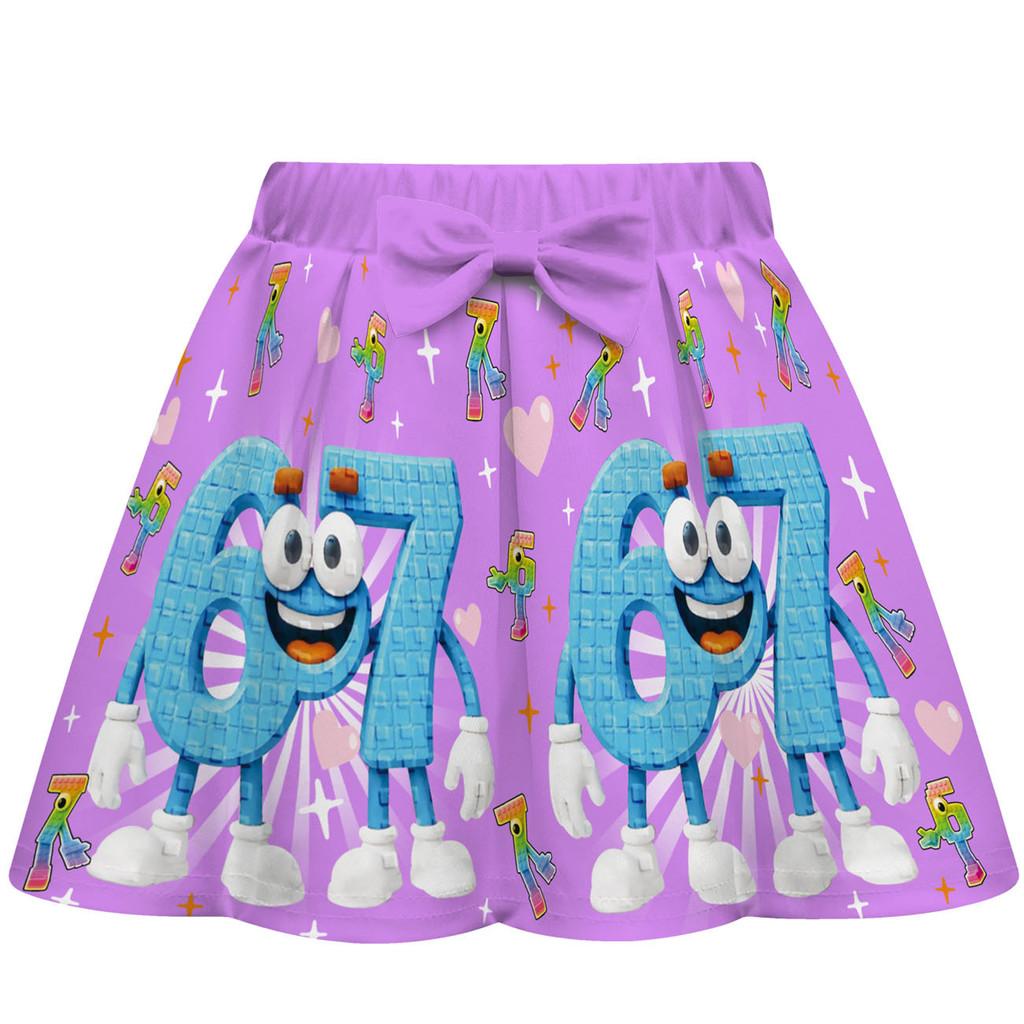 Kids Girls Steal a Brainrot 67 Print Sets Short Sleeves T-Shirt Skirt Bag Clothes Set