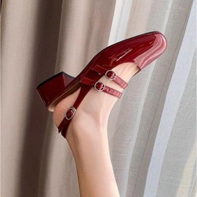 New Classic Red Mary Jeans Woman Patent Leather Med-High Heels Sandals Two Buckle Strap Shoes Femme Slingback Shoe Zapatos Mujer