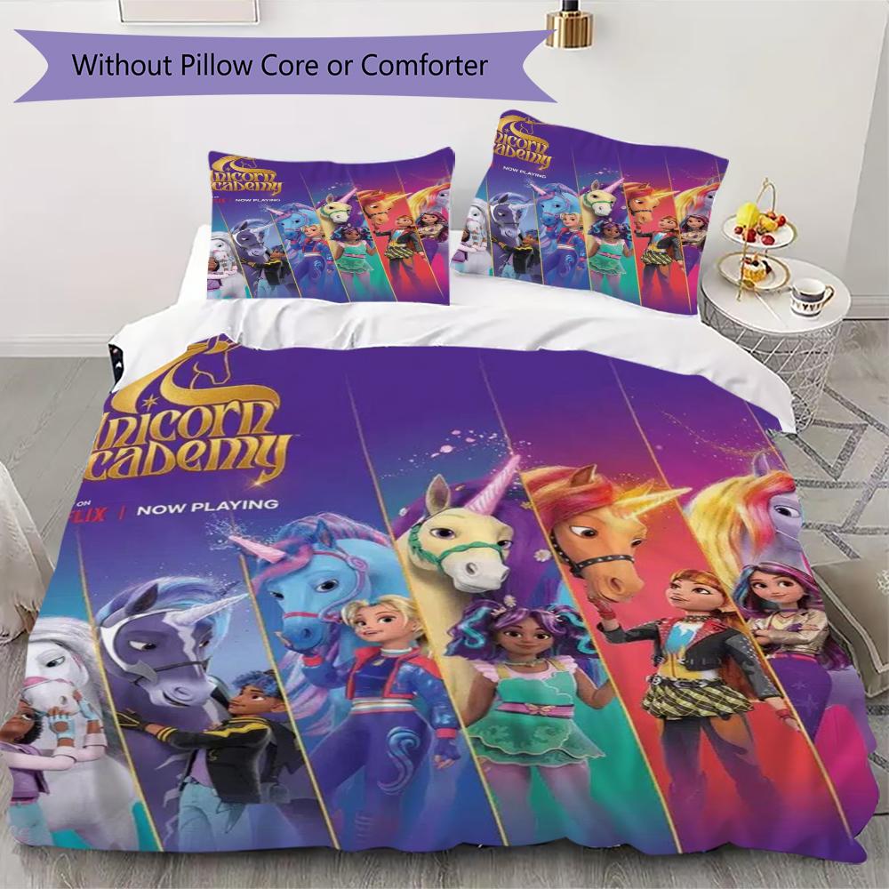 Unicorn Academy Pattern Bedding Uilt Set Uilt Cover Pillowcase Home Decoration Birthday Gift (1 * Duvet Cover + 2 * Pillowcase Without Core)95