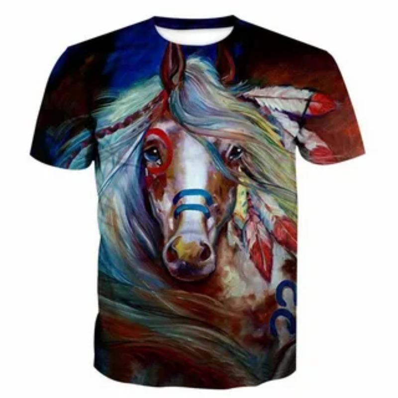 Summer Cute Animal Creative Colorful Horse Pattern Printed T-shirt Soft Comfortable Round Neck Short Sleeve Children's T-shirt