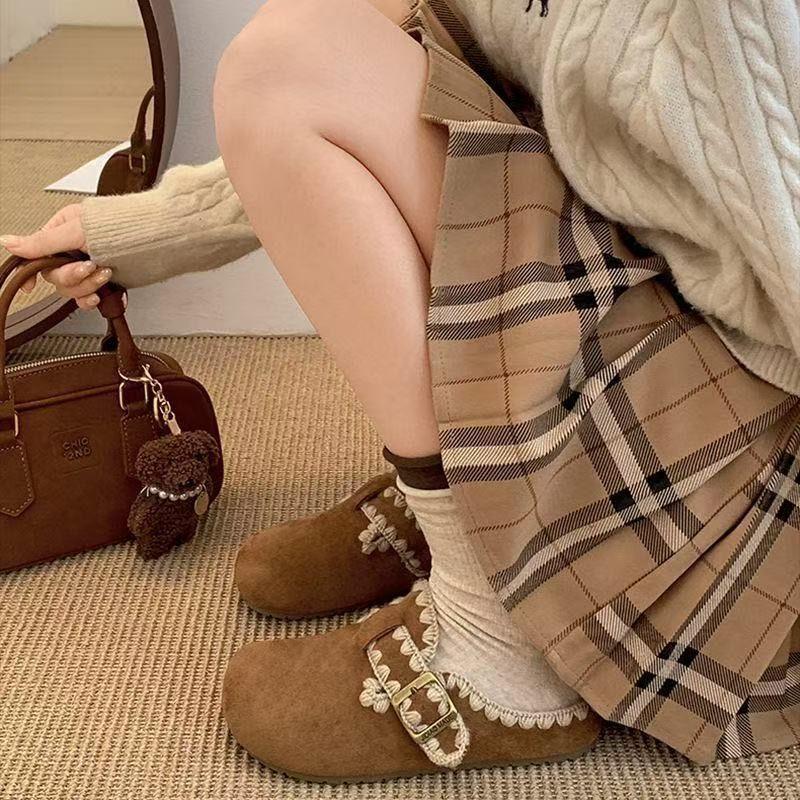 Lazy with skirt retro Birkenstock half slippers 2025 autumn and winter new popular flat-bottomed bag head slippers women's wear