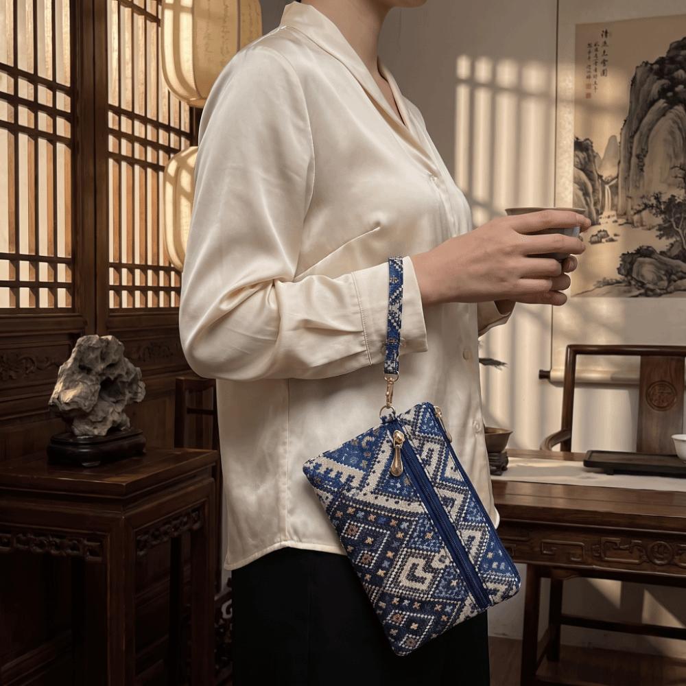 Retro Long Wallet Double Zipper Wristlet Wallet Ethnic Style Clutch Purse  Cell Phone Storage