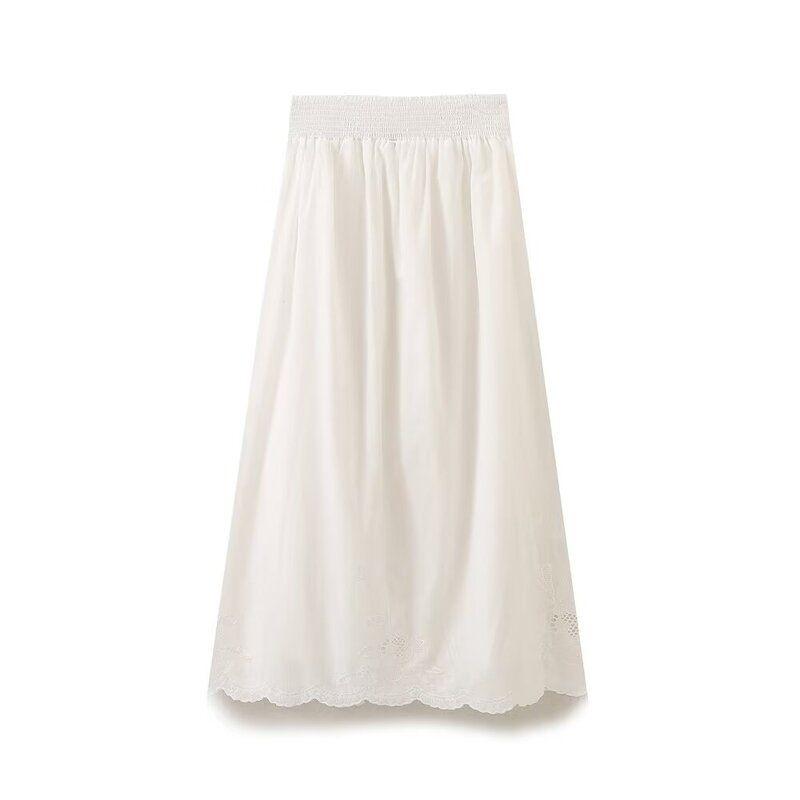 Fashion Style 2024 Summer New Arrival Women's Clothing Easiest for Match Mid-Waist White Pure Cotton Pleated Embroider Dress 6895241