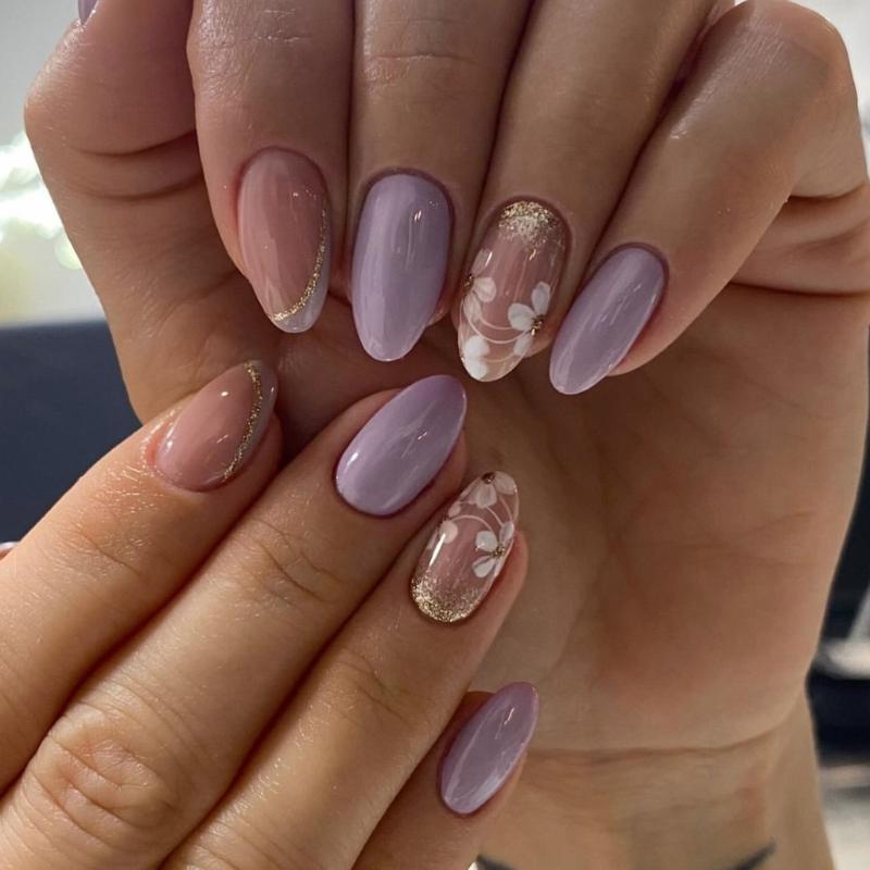 24 Pcs White Flowers Artificial Nail French Tip Press On Nail Almond Shape Stick On Nail Purple False Nail for Party