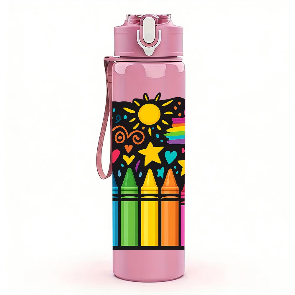 1PC Color Crayon Box Layout 750ml Color Plastic Sports Water Bottle Leakproof Flip Straw Lid For Sports Office Home Use