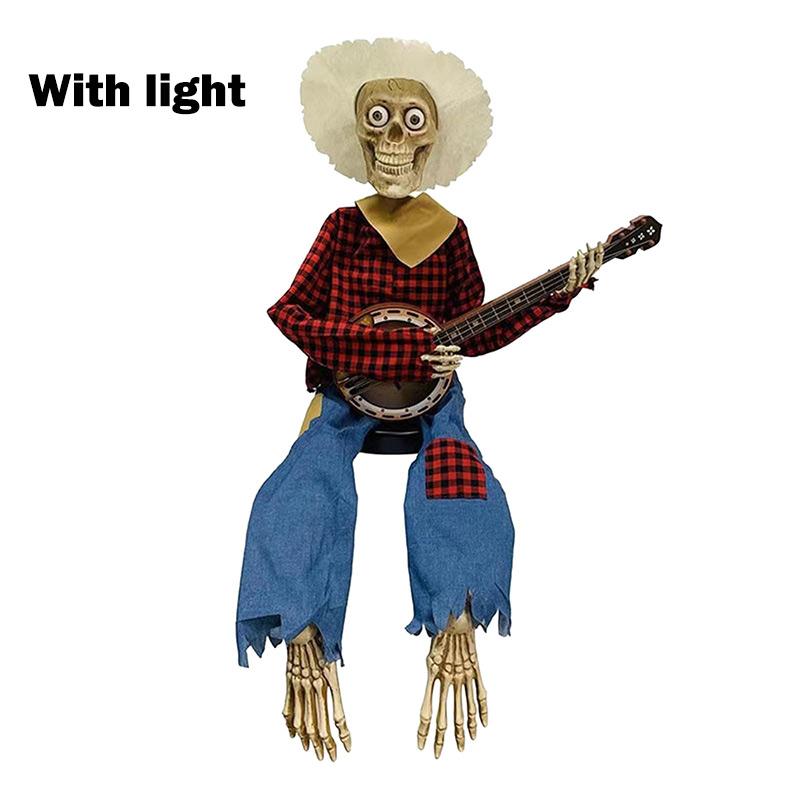 40CM Vtipné animované kostlivci hrající na banjo s červenýma LED očima Halloweenské houslové kostlivé ozdoby Kytarová lebka Dekorativní ozdoby