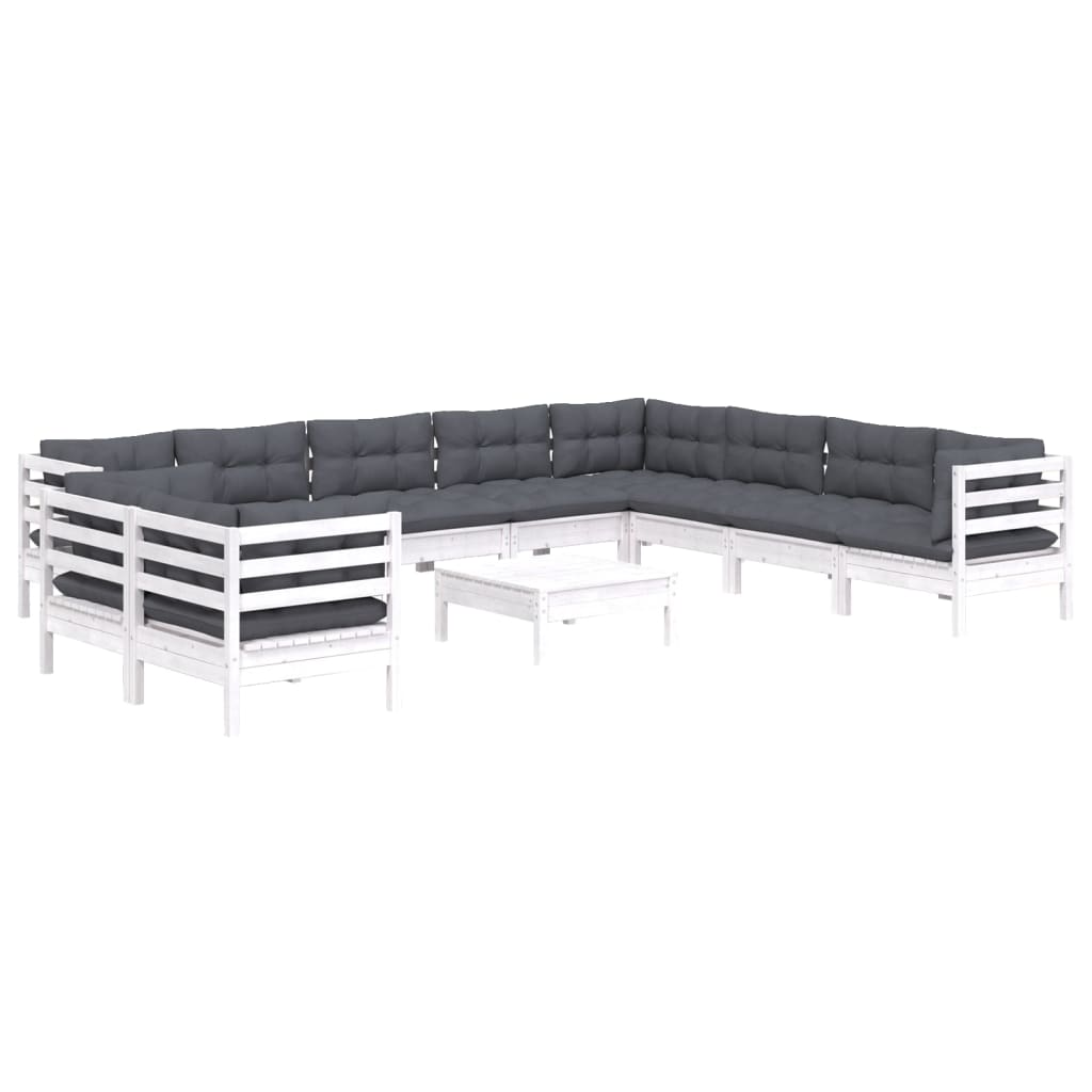 11 Piece Garden Lounge Set with Cushions White Solid Pine Wood