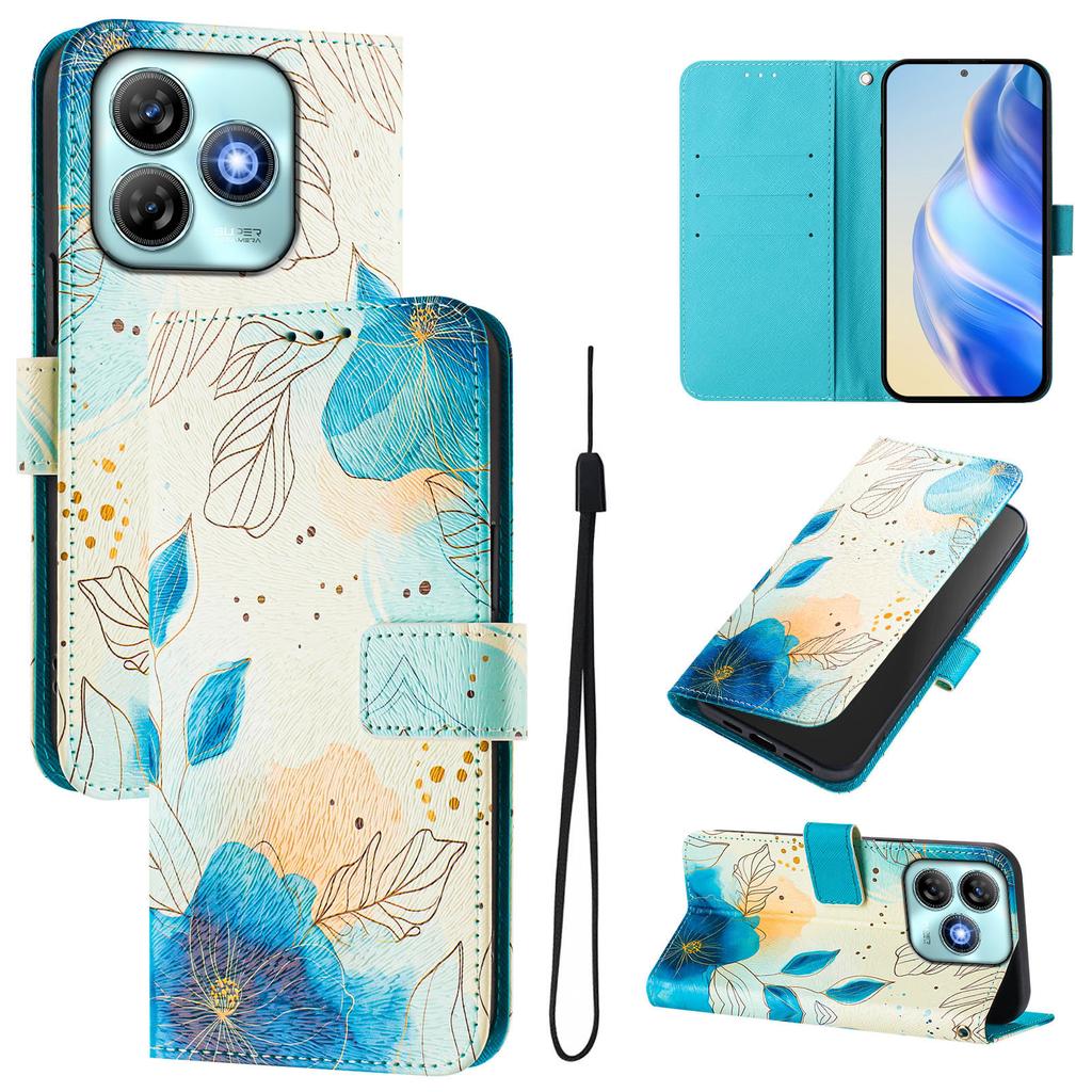Blue Flower Luxury Painted Leather Case Wallet Book Style Cover for ZTE Blade A52,A53,A73,V50 Vita,V40S,V60,A35,A55,A75...