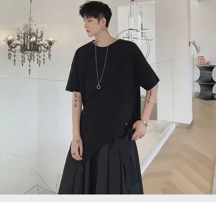 Pánské asymetrické tmavé niche holičské tričko Yamamoto Yohji, velká velikost, krátký rukáv