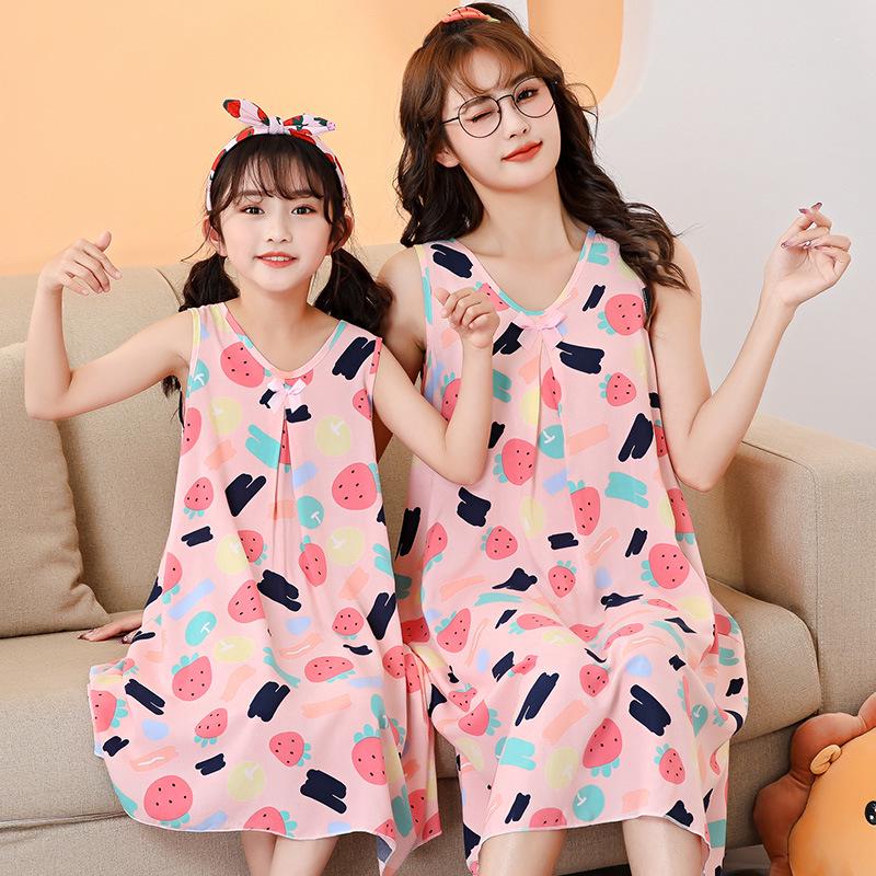 Cămașă de noapte de vară din bumbac fără mâneci pentru fete - Pijamale asortate mamă-fiică