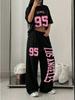Amerikanischer Retro Street Trend Cool Buchstabendruck Kurzarm-T-Shirt Weite Hosen Set Damen Lässig Locker Sport Zwei Teile