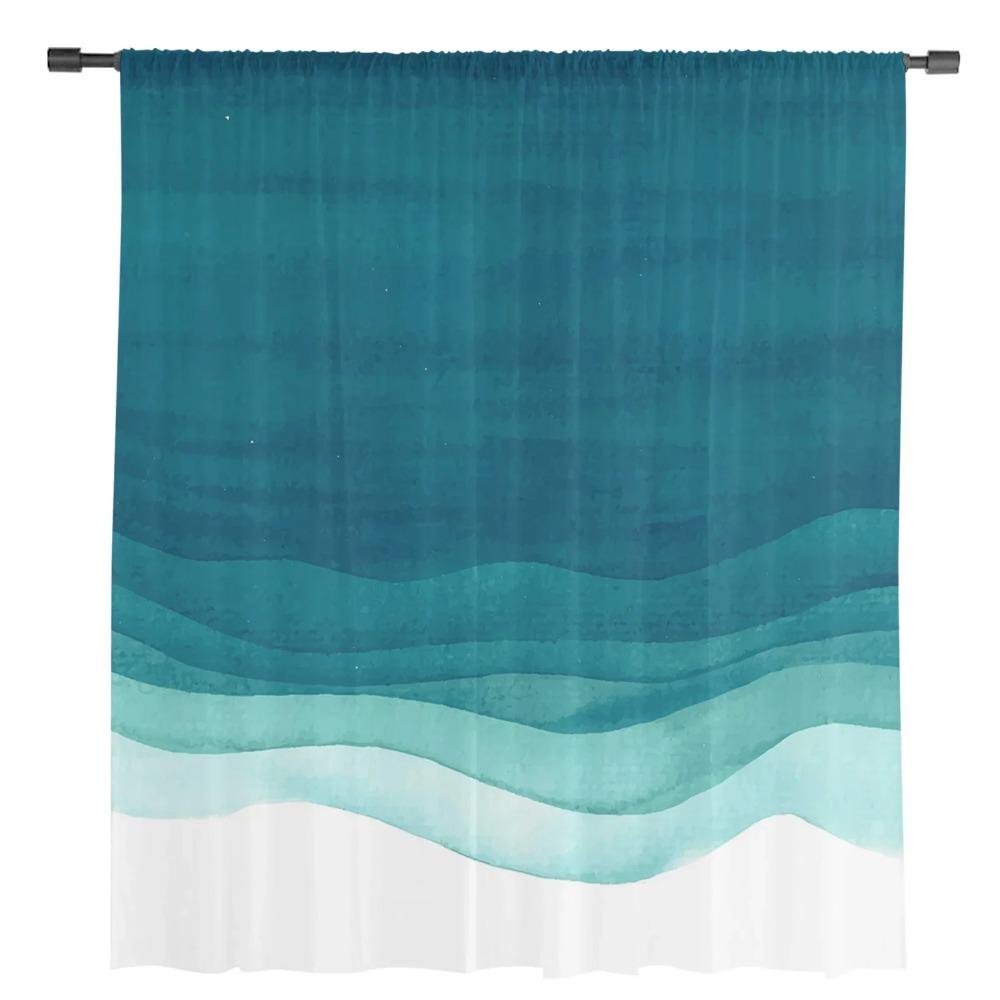 Gradient Blue Watercolour Translucent Drapes for Bedroom Space Living Room Decoration Window Drape for Kitchen Area Tulle Voile Organza Curtains