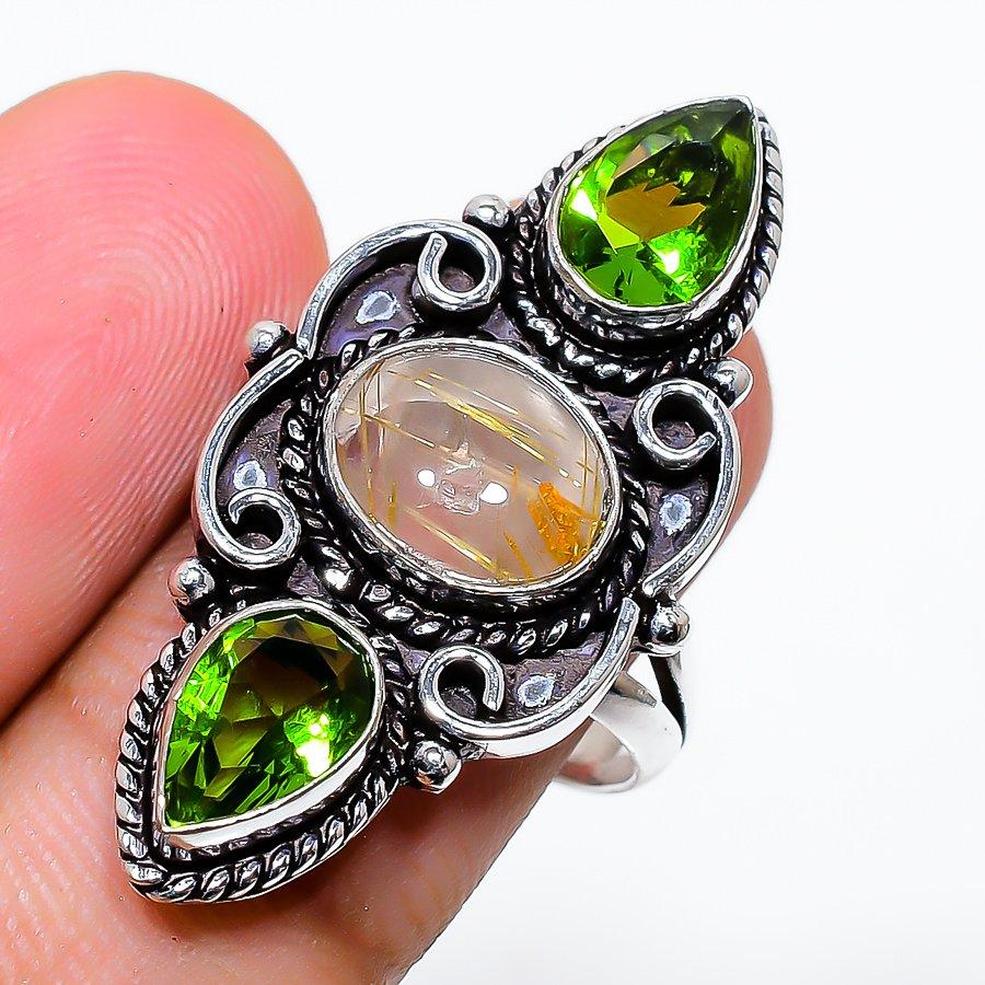 

Golden Rutile, Peridot Gemstone Handmade Ethnic Jewelry Ring Size 7SR-540