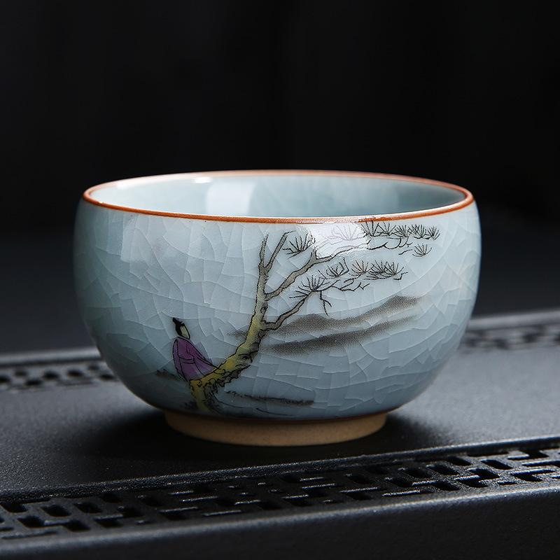 Tea Cup Ceramic Tasting Cup Hand-painted Ru Kiln Crackle Glaze Nurturing Pu'er Kung Fu Single Cup Retro Master Cup with PrintLOG