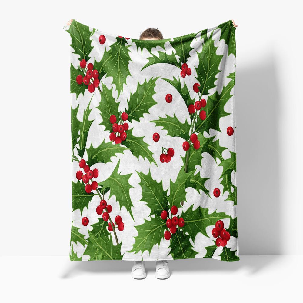 TU Festive Holly Berry Throw Blanket Cozy Christmas Decor Holiday Home Accent Warm Soft Plush Bedspread Couch Cover Gift