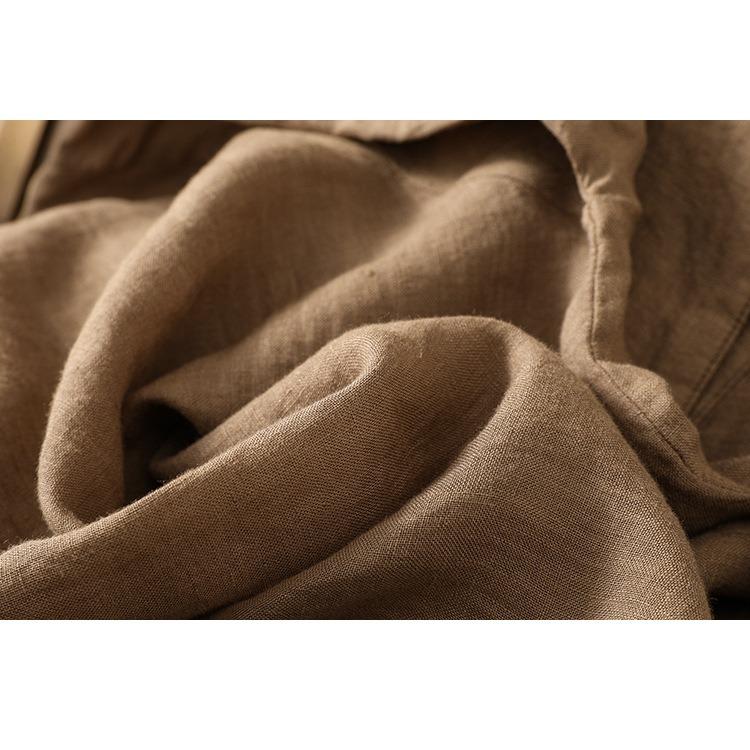 QICED Solid Color Cotton Hemp Seven-point Sleeve Stand Collar Shirt Female Summer Large Size Fat Mm Meat Show Thin Loose Pocket Top