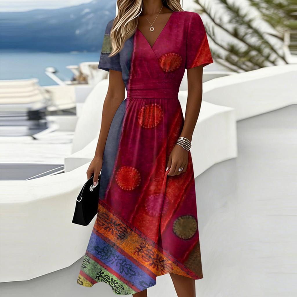 Ladies' Floral Casual Fashionable Short Sleeved V-neck Dress
