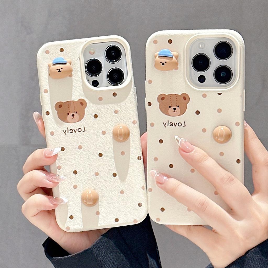 Three-dimensional Polka Dot Cartoon Bear for Apple 16 Promax Mobile Phone Case for IPhone 15 Silicone 14/13 Women