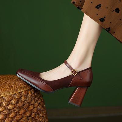 Brown Thick Heel One-word Buckle High Heels Square Head Single Shoes Light Mouth Temperament Mary Jane Shoes