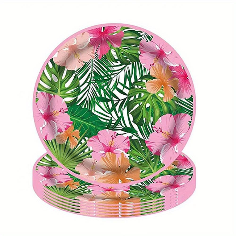 Pink Hawaiian Paper Cups Napkins Plates Tropical Luau Party Supplies Disposable Plates and Party Napkins Tropical Palm Leaf and Hibiscus Aloha
