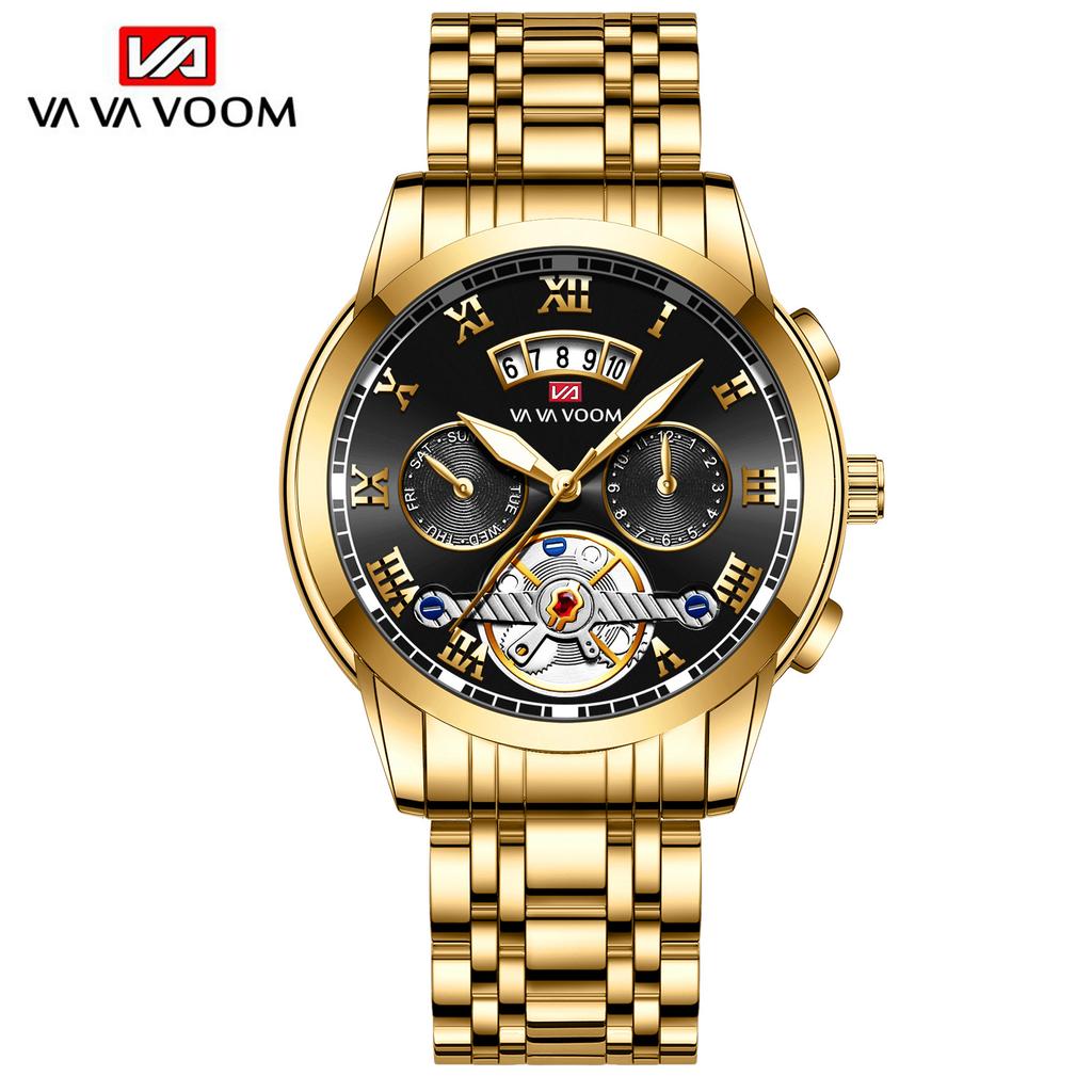Men's Stainless Steel Tourbillon Watch Men's Student Quartz Watch Business Calendar Waterproof Steel Strap Watch Large Dial