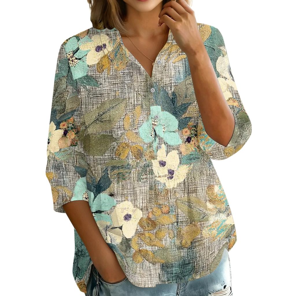 Womens Button Front Collar Shirt Floral Print Three Quarter Sleeve Loose Fit Casual Blouse Top for Everyday Wear
