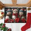 Christmas Snowman Doormat with 3 Scarf-Wearing Snowmen and Red Flowers, Non-Slip Welcome Mat for Festive Entryway Decor