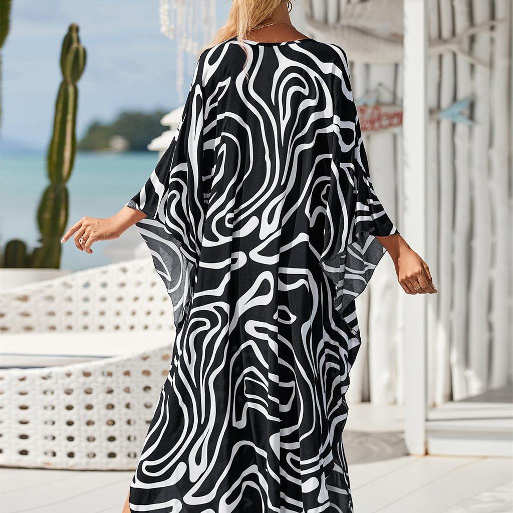 YYFS Women's Fashion Vacation Summer Spring Geometric Print Long Sleeve V-Neck Casual Dresses