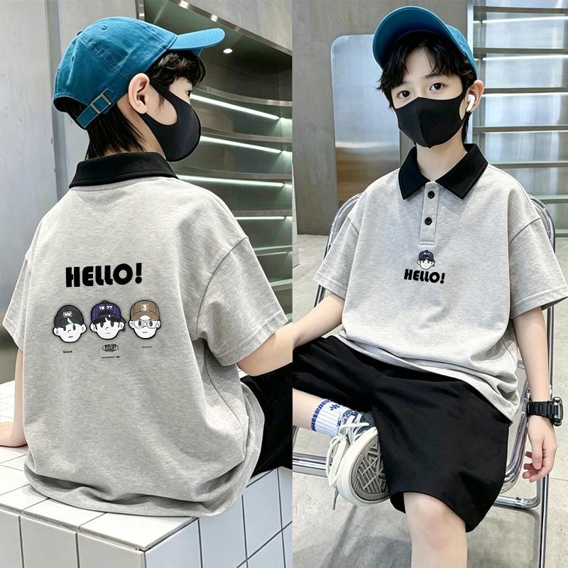 Korean Boys' Cotton Lapel Short Sleeve Summer T-shirt Set, Size 6-12, Color Block Polo.