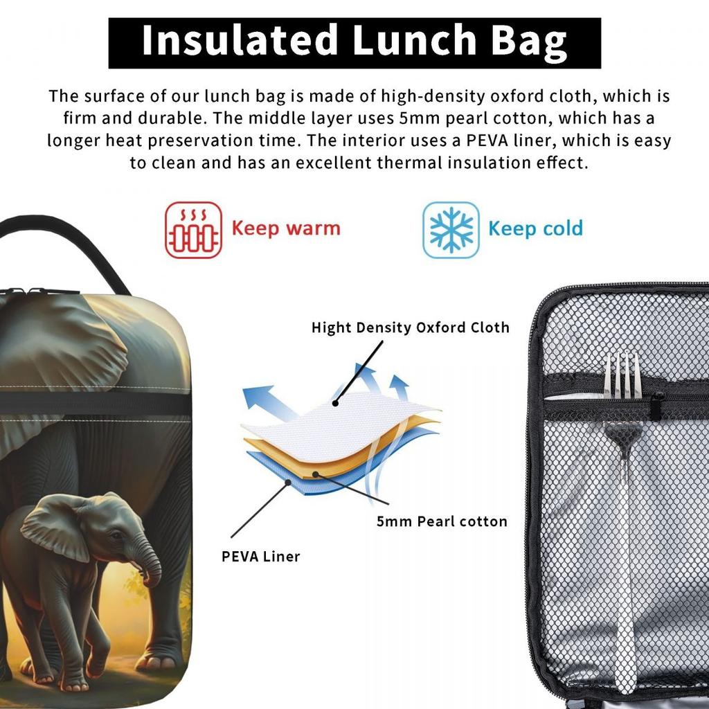 A Majestic Elephant With Her Baby Elephant Insulated Lunch Bag for Women Kids Leakproof Food Boxes Thermal Lunch Box Tote