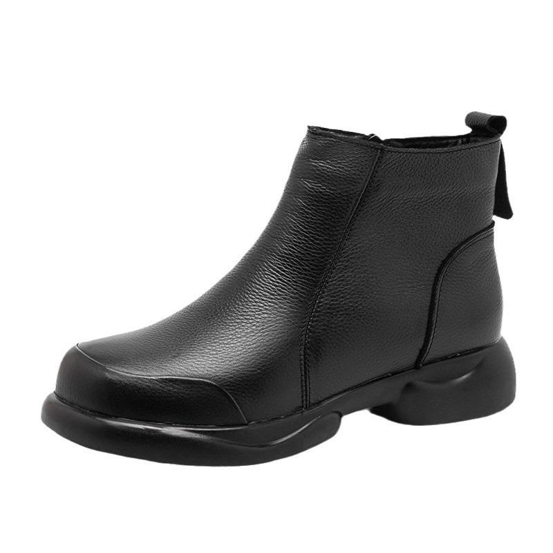 Leather retro style thick low heel mother short boots autumn and winter new versatile round head warm comfortable simple Martin boots women