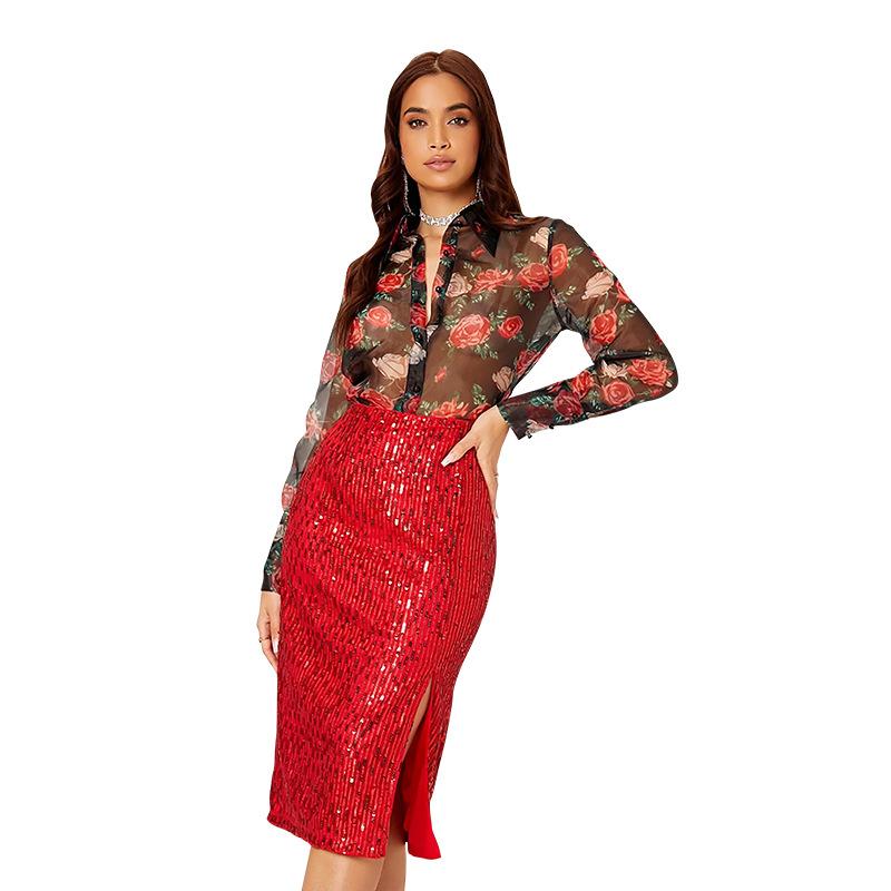 European and American women s clothing split-ended hip-wrapped sequined skirt independent station skirt winter women s skirt S