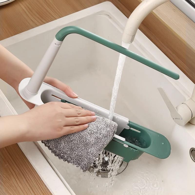Telescopic Over Sink Organizer Rack Adjustable Kitchen Storage Tray for Soap Sponge Towel with Ventilated Design Drain Rack
