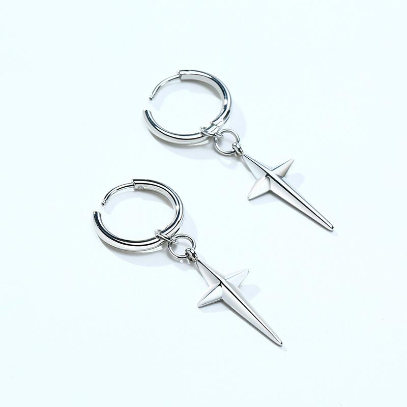 Stainless Steel Four Pointed North Star Huggie Hoops Earrings for Men Piercing or No Piercing Cross Jewelry Gift for Her Him