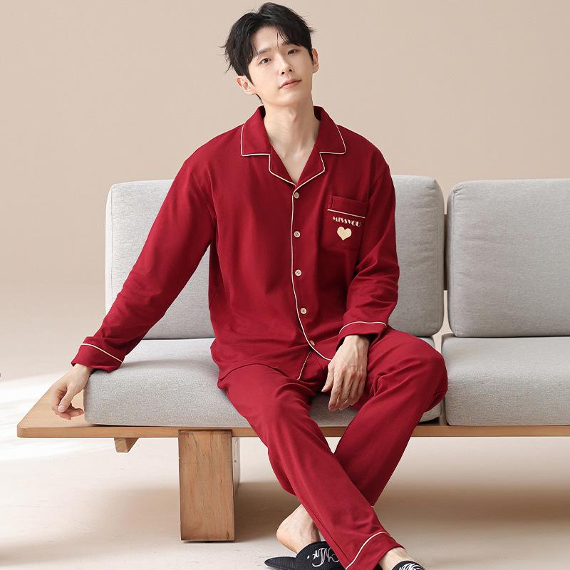 Pajamas wedding newlywed couple suit spring and autumn pure cotton red 1011 new men's and women's long sleeves festive autumn