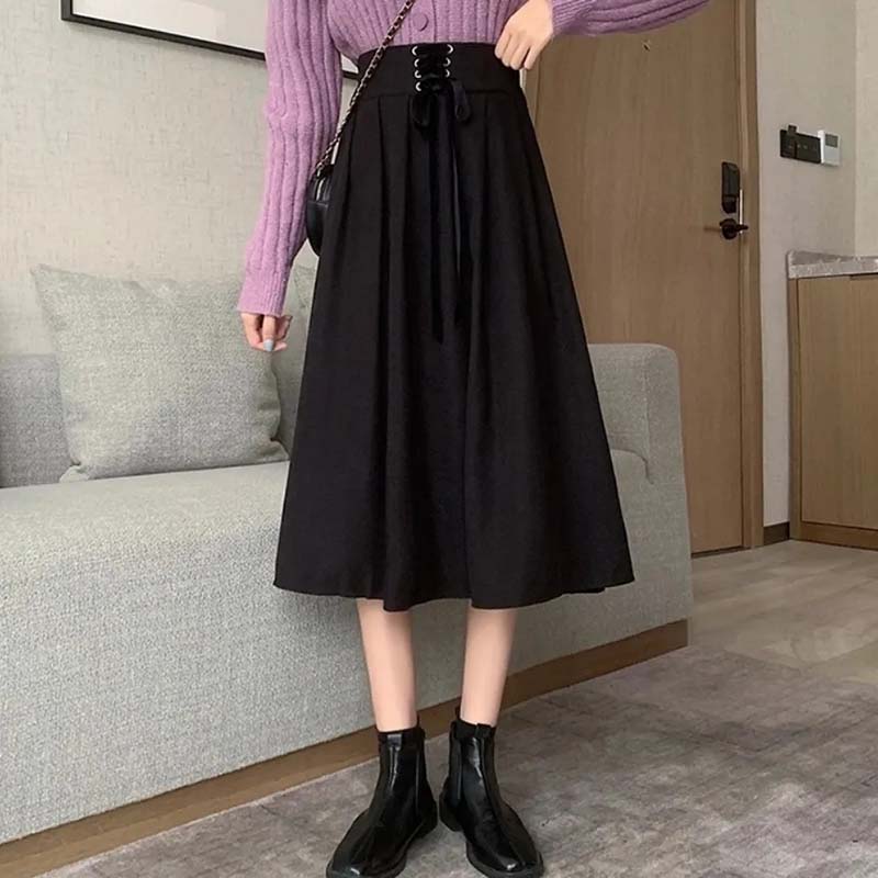 Falda Vintage de Línea A de Cintura Alta para Mujer Cintura Elástica con Cordones Falda Midi Plisada Primavera y Otoño