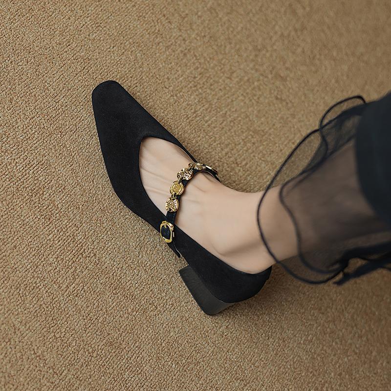 Fashion 2025 New Spring Women Pumps Kid Suede Square Toe Genuine Leather Shoes for Women Buckle Strap Mary Janes Ladies Shoes