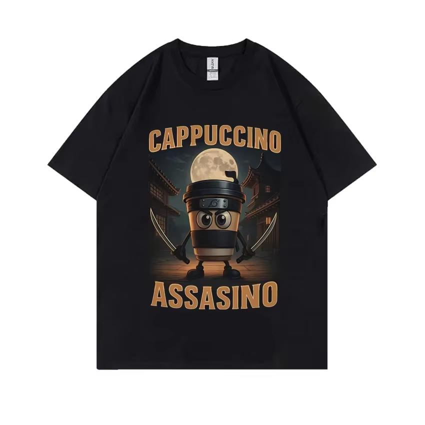 Italian Brainrot Cappuccino Assasino Funny Meme T-shirt Unisex Casual Humor Oversized T Shirts Men Women Vintage Cotton Tshirt