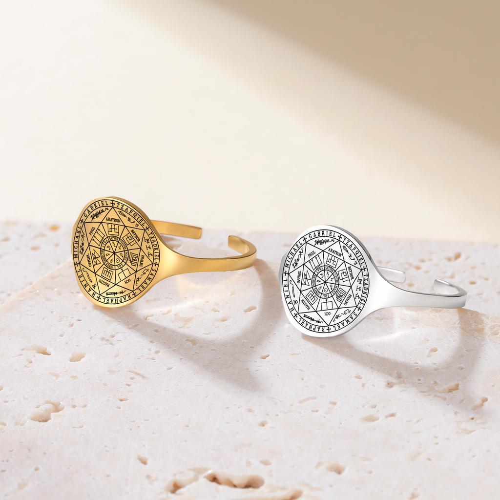 Edelstahl Siegel der Sieben Erzengel Verstellbarer Offener Ring Kabbala Salomon Göttlicher Schutz Talisman Amulett Damenring