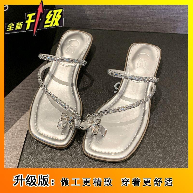 Fashion niche comfortable with skirt shoes 2025 summer new French rhinestone word fairy beautiful cool slippers woman