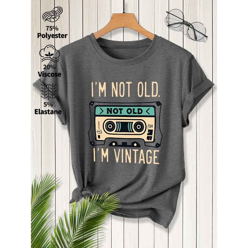 Ladies Elegant Short Sleeves, Vintage Tape Print Crew Neck T-Shirt