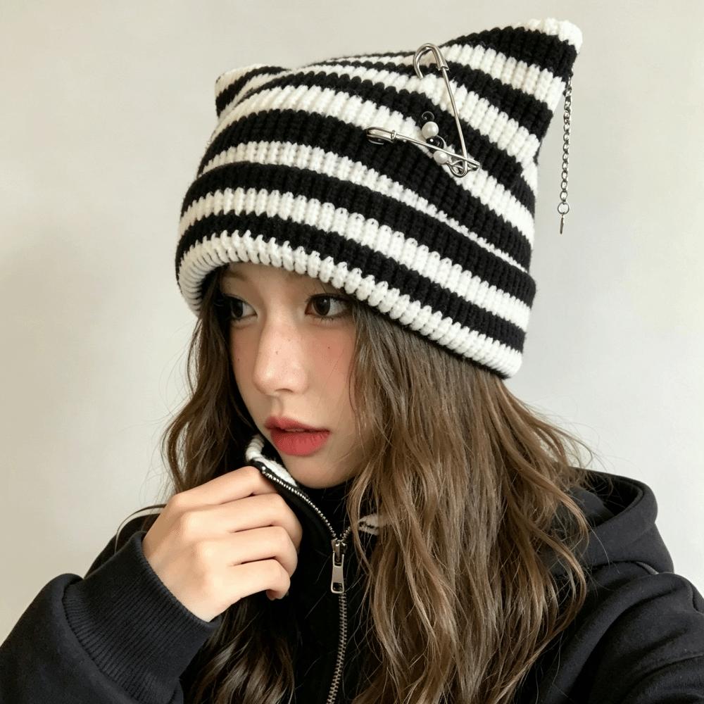 Verdickte Katzenohren-Mütze Polyester Warme Mütze Y2K Gothic Gestrickte Gestreifte Mütze Outdoor